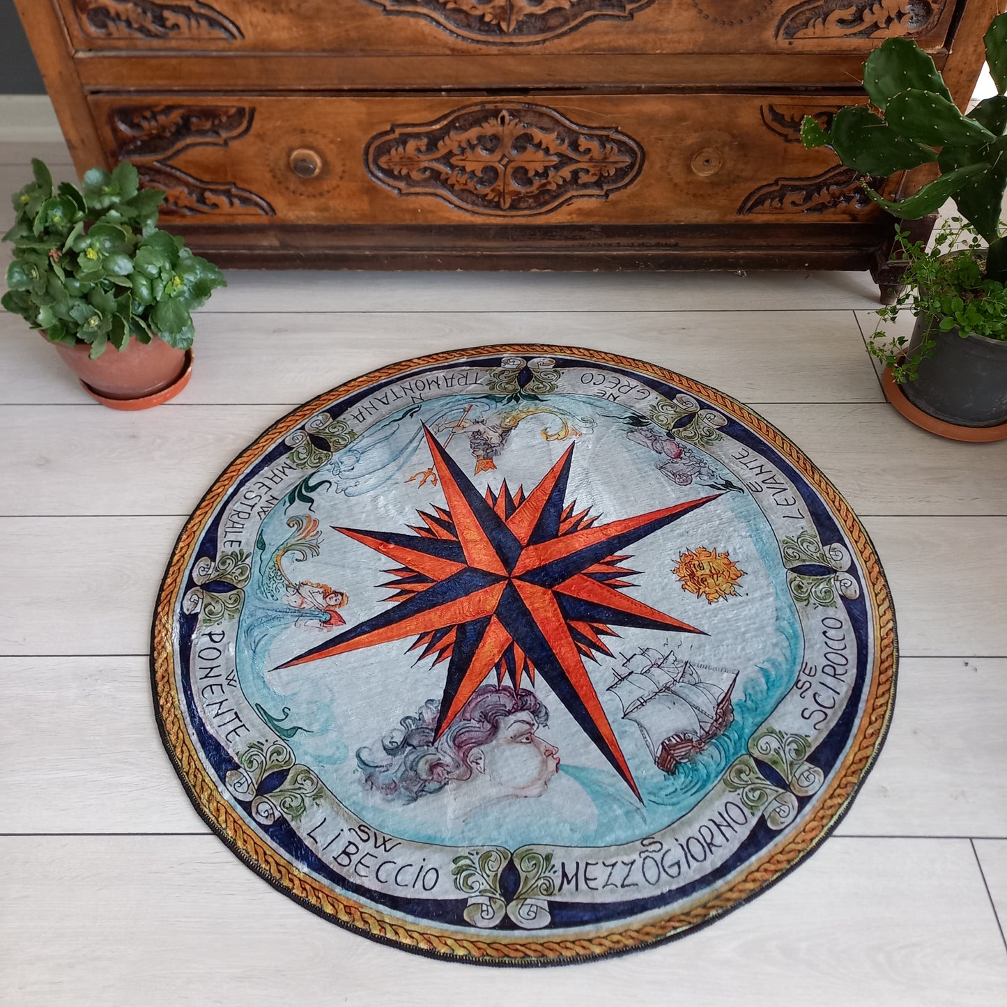 Antique Compass Design Round Rug – Nautical Map-Inspired Home Decor