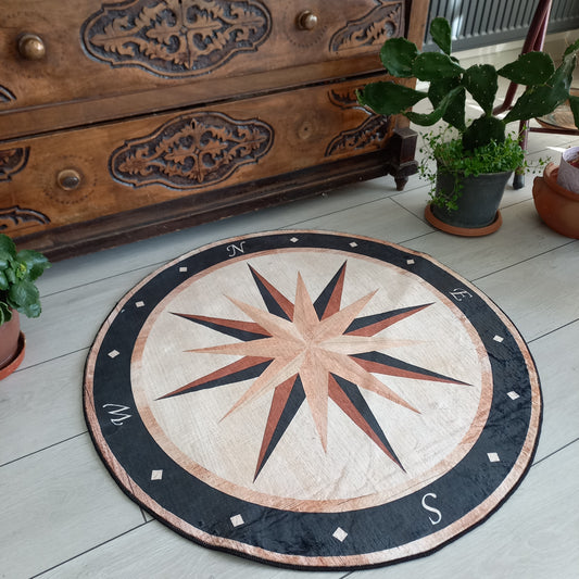 Vintage Compass Design Round Rug – Nautical Boho Floor Decor