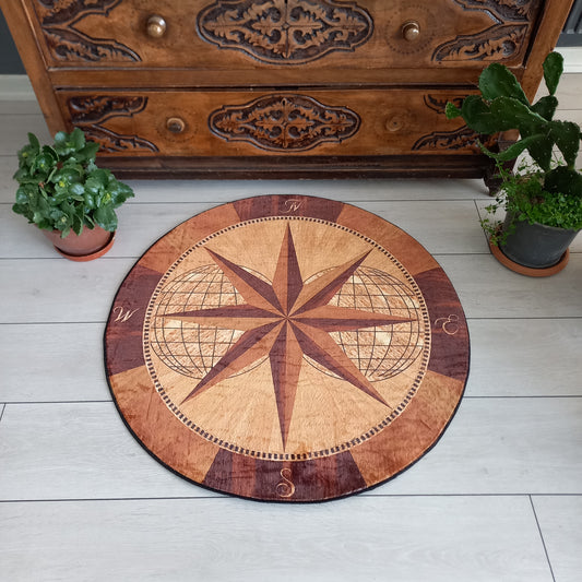 World Compass Design Round Rug – Vintage Globe Nautical Decor