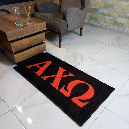 Alpha Chi Omega Sorority Rug – Black and Red Greek Letters